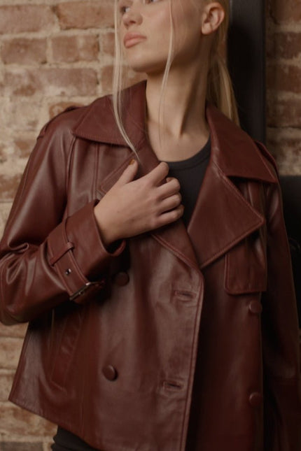 Lambskin Leather Double Breasted Short Trench Jacket - Burgundy - Ron Tomson