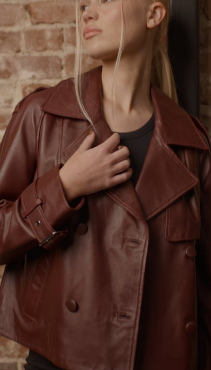 Lambskin Leather Double Breasted Short Trench Jacket - Burgundy - Ron Tomson