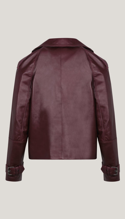 Lambskin Leather Double Breasted Short Trench Jacket - Burgundy - Ron Tomson