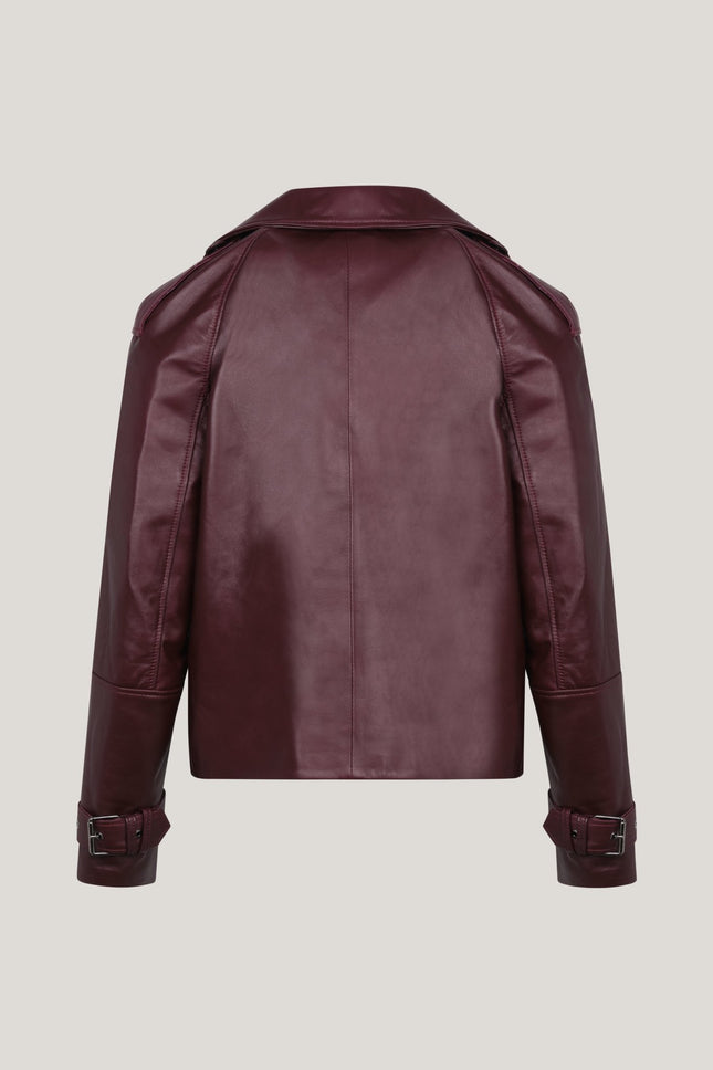 Lambskin Leather Double Breasted Short Trench Jacket - Burgundy - Ron Tomson
