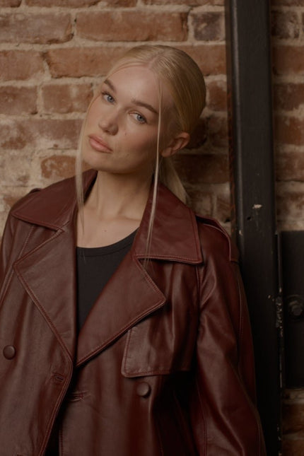 Lambskin Leather Double Breasted Short Trench Jacket - Burgundy - Ron Tomson