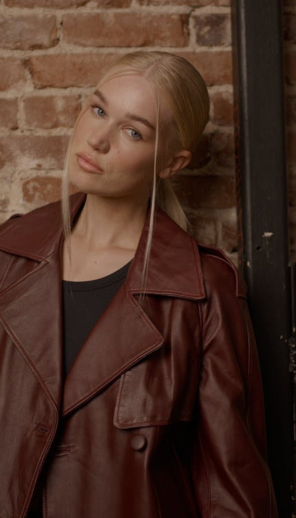 Lambskin Leather Double Breasted Short Trench Jacket - Burgundy - Ron Tomson