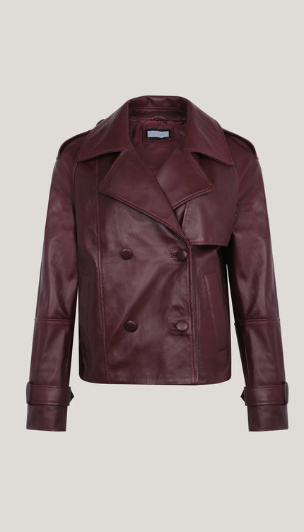 Lambskin Leather Double Breasted Short Trench Jacket - Burgundy - Ron Tomson