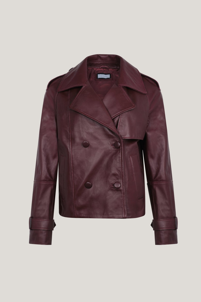 Lambskin Leather Double Breasted Short Trench Jacket - Burgundy - Ron Tomson