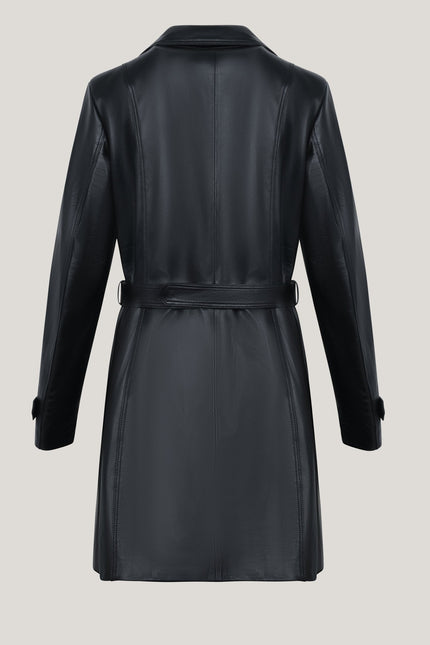 Lambskin Leather Double Breasted Trench Coat - Black - Ron Tomson