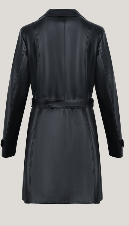 Lambskin Leather Double Breasted Trench Coat - Black - Ron Tomson