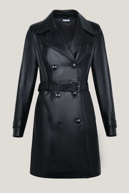 Lambskin Leather Double Breasted Trench Coat - Black - Ron Tomson