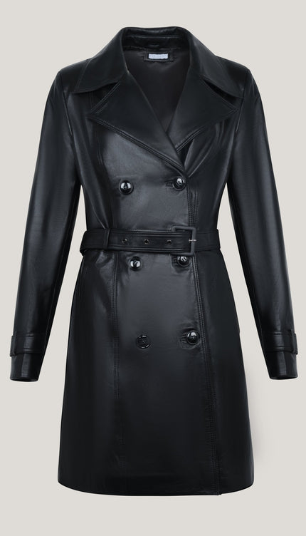 Lambskin Leather Double Breasted Trench Coat - Black - Ron Tomson