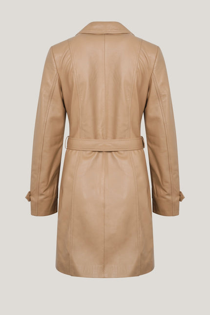 Lambskin Leather Double Breasted Trench Coat - Dark Beige - Ron Tomson