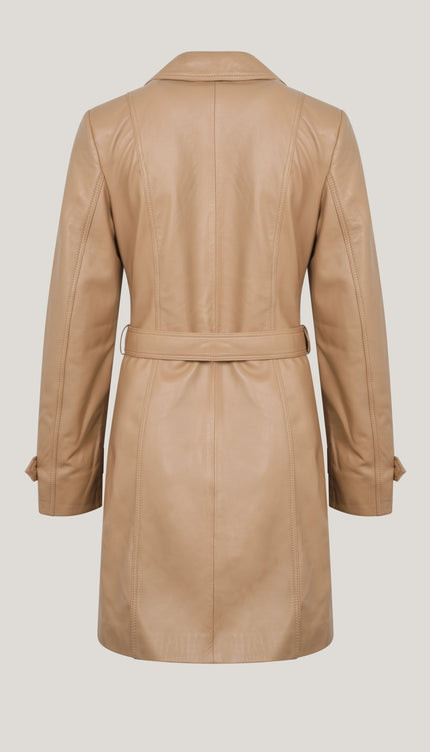 Lambskin Leather Double Breasted Trench Coat - Dark Beige - Ron Tomson