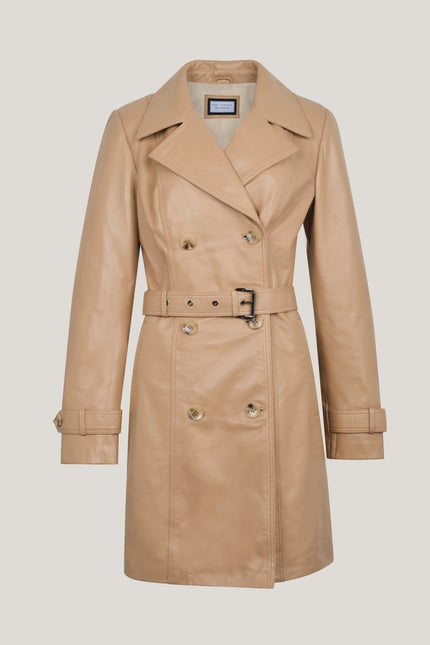 Lambskin Leather Double Breasted Trench Coat - Dark Beige - Ron Tomson