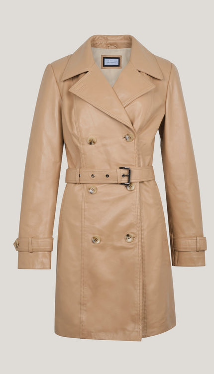 Lambskin Leather Double Breasted Trench Coat - Dark Beige - Ron Tomson