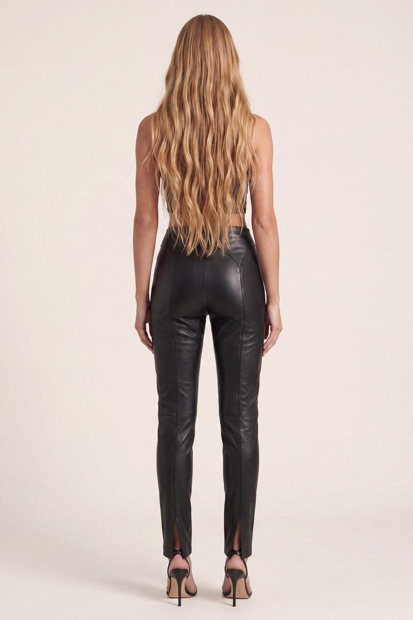 Lambskin Leather Lace-up Pants - Black - back view