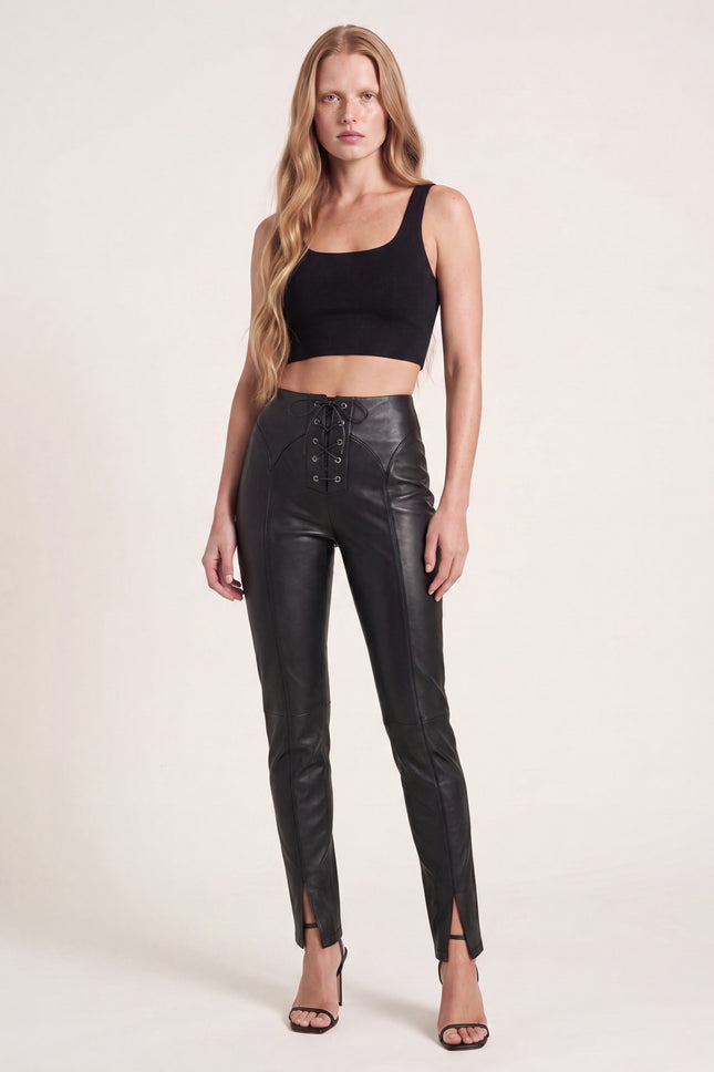 Lambskin Leather Lace-up Pants - Black - front view