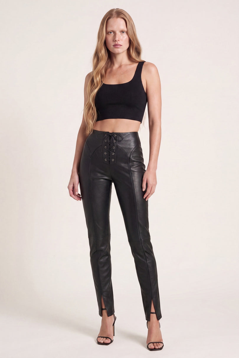 Lambskin Leather Lace-up Pants - Black - front view