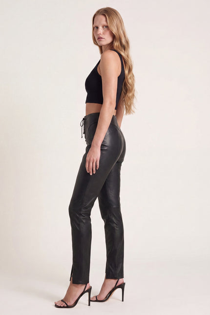 Lambskin Leather Lace-up Pants - Black - side view