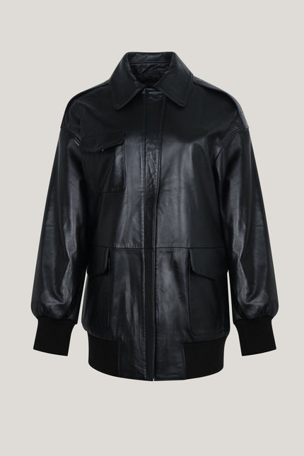 Lambskin Leather Oversized Jacket - Black - Ron Tomson