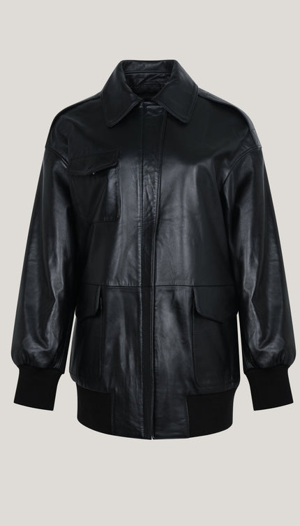 Lambskin Leather Oversized Jacket - Black - Ron Tomson