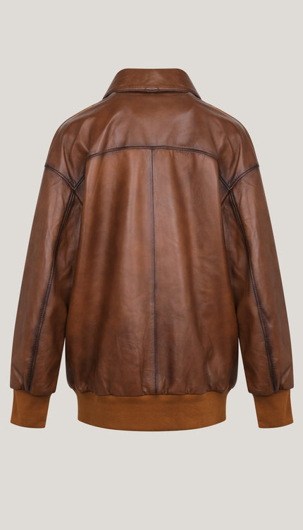 Lambskin Leather Oversized Jacket - Brown - Ron Tomson