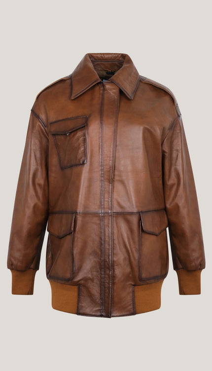 Lambskin Leather Oversized Jacket - Brown - Ron Tomson