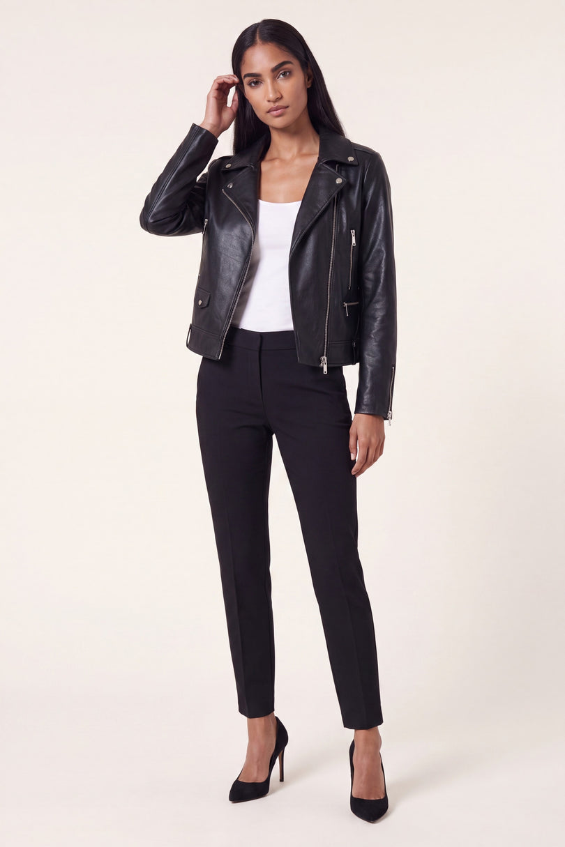 Lambskin Leather Biker Jacket - Black - front view