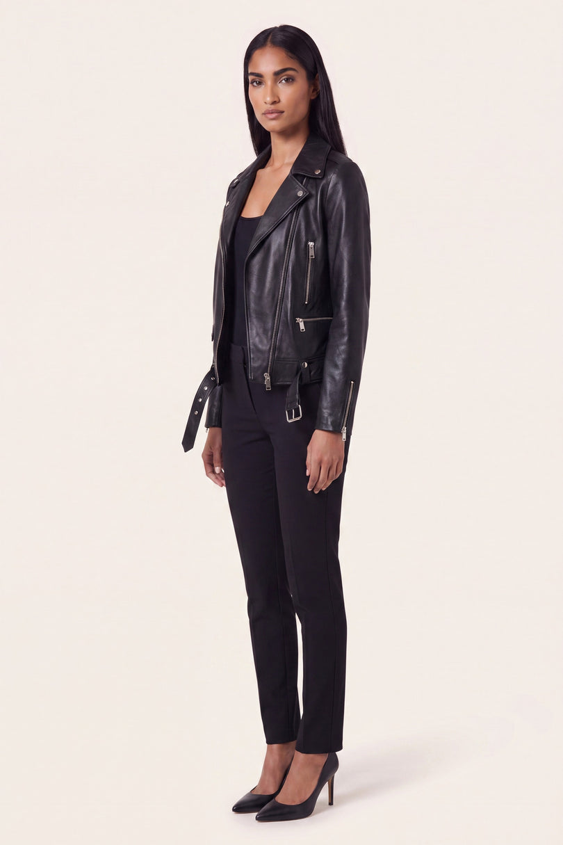 Lambskin Leather Biker Jacket - Black - side view