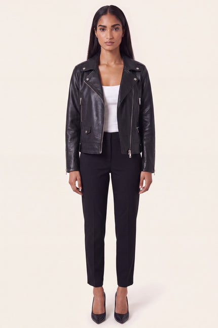 Lambskin Leather Biker Jacket - Black - macro view