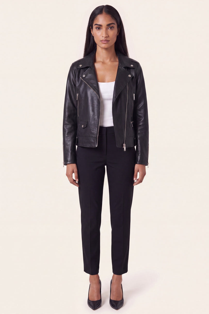 Lambskin Leather Biker Jacket - Black - macro view