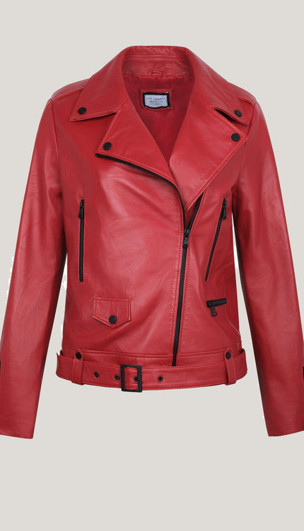 Lambskin Leather Prefect Biker Jacket - Red - Ron Tomson