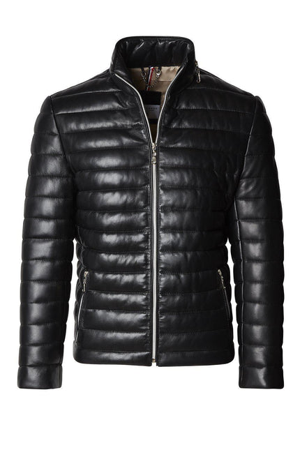 Men's Lambskin Leather Puffer Jacket - Black - Ron Tomson Leather