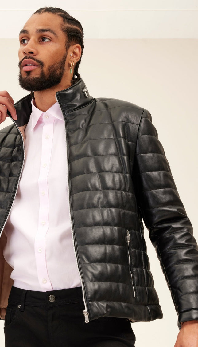 Lambskin Leather Puffer Jacket - Black - Ron Tomson