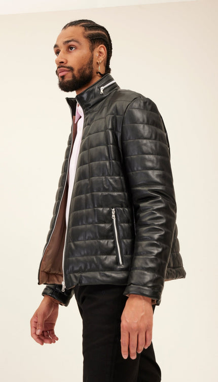 Lambskin Leather Puffer Jacket - Black - Ron Tomson