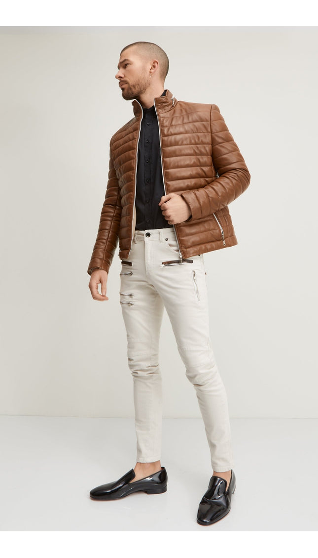 Lambskin Leather Puffer Jacket - Brown - Ron Tomson