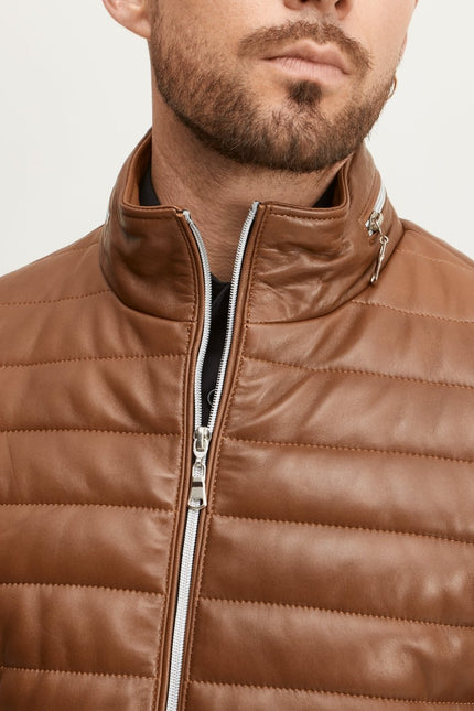 Men's Lambskin Leather Puffer Jacket - Brown - Ron Tomson Leather