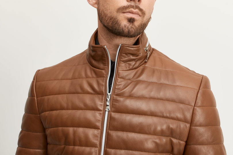 Men's Lambskin Leather Puffer Jacket - Brown - Ron Tomson Leather