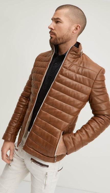 Lambskin Leather Puffer Jacket - Brown - Ron Tomson