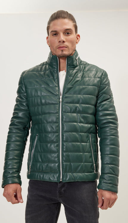 Lambskin Leather Puffer Jacket - Green - Ron Tomson