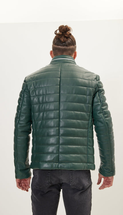 Lambskin Leather Puffer Jacket - Green - Ron Tomson