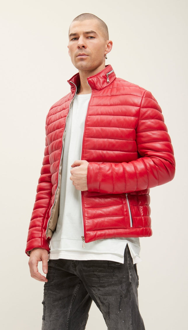Lambskin Leather Puffer Jacket - Red - Ron Tomson