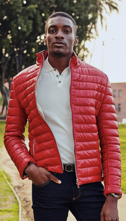 Lambskin Leather Puffer Jacket - Red - Ron Tomson