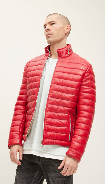 Lambskin Leather Puffer Jacket - Red - Ron Tomson