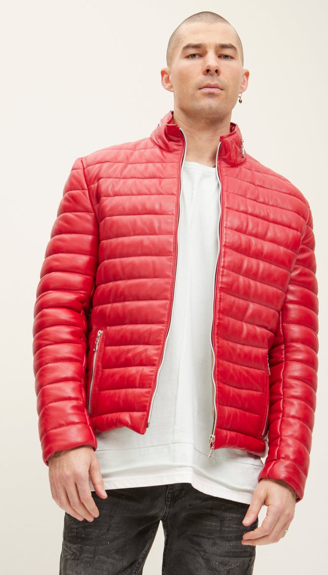 Lambskin Leather Puffer Jacket - Red - Ron Tomson