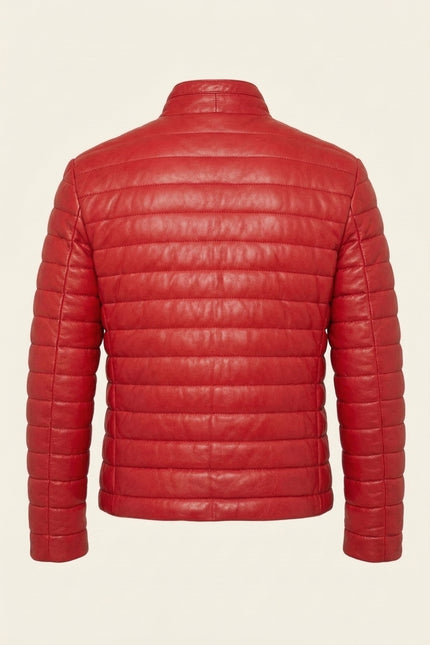 Lambskin Leather Puffer Jacket - Red - Back