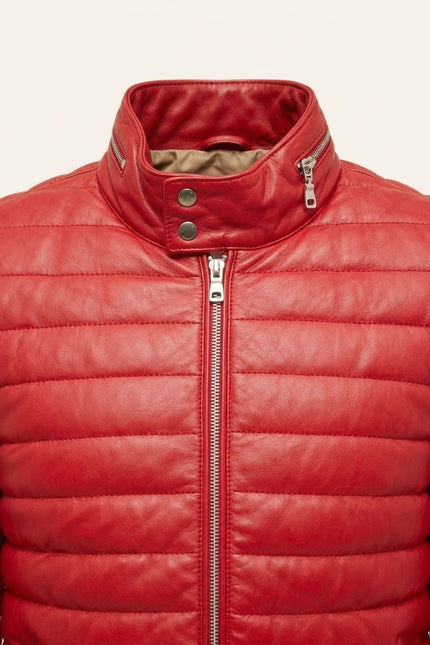 Lambskin Leather Puffer Jacket - Red - Detail