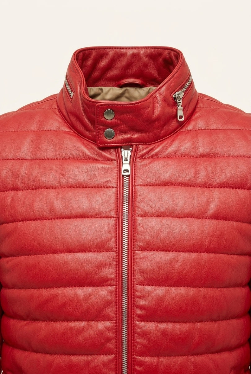 Lambskin Leather Puffer Jacket - Red - Detail