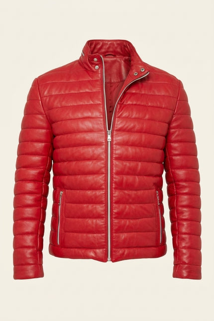 Lambskin Leather Puffer Jacket - Red - Front