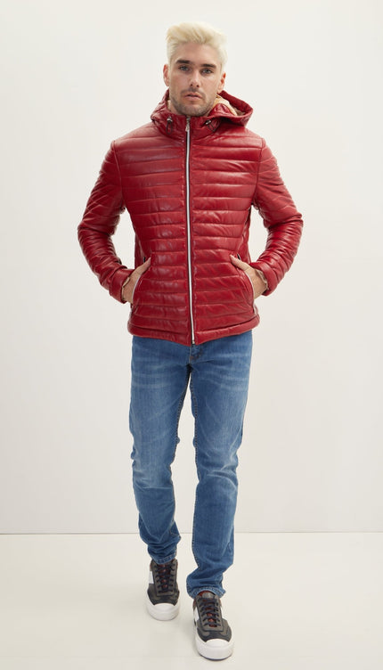 Lambskin Leather Puffer Jacket With Hoodie- Red - Ron Tomson
