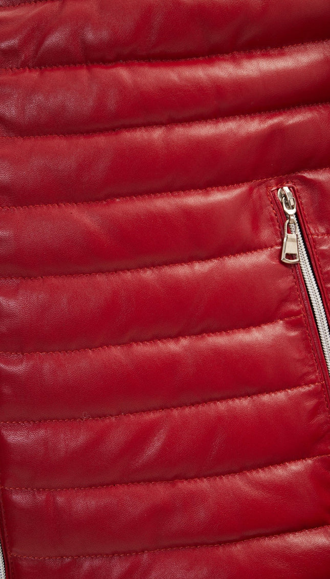 Lambskin Leather Puffer Jacket With Hoodie- Red - Ron Tomson