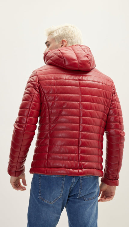 Lambskin Leather Puffer Jacket With Hoodie- Red - Ron Tomson
