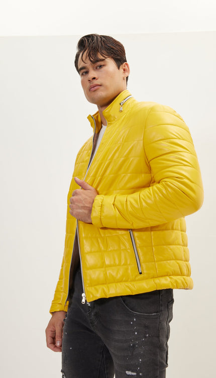 Lambskin Leather Puffer Jacket - Yellow - Ron Tomson